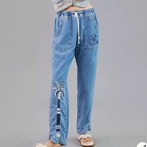 Pilcro Anthropologie Womens blue beach cottage tie waist denim pants L NWT